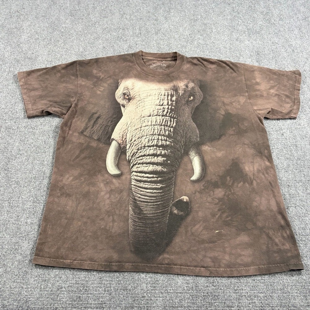 The Mountain Elephant T Shirt Mens XL Brown Tie Dye Big Face Trunk Flaw Read